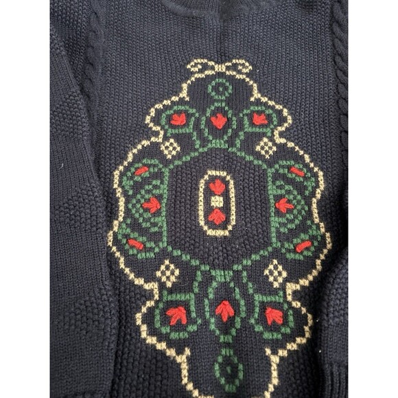 Vtg 80s Liz Claiborne Navy Merino Wool Tyrolean Cross Stitch Film Art Sweater SP - Picture 2 of 12